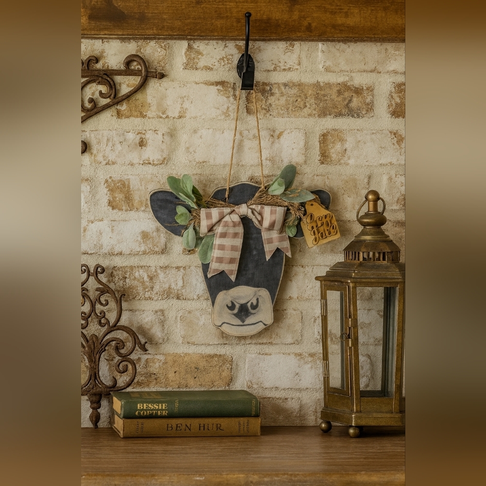 Rustic Wood Farmhouse Cow Wall Decor with Bow